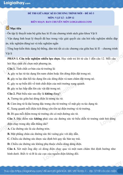 Đề thi giữa học kì 2 Vật lí 12 Cánh diều - Đề số 3